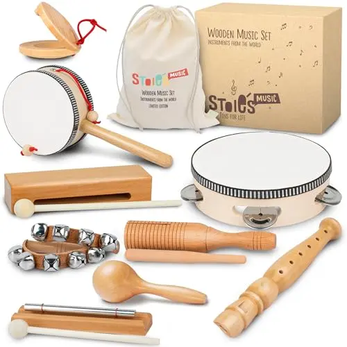 Stoie's wooden musical instrument set for kids with drum and accessories
