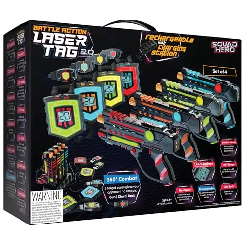 Squad Hero laser tag set with four guns, four vests, and a charging station displayed