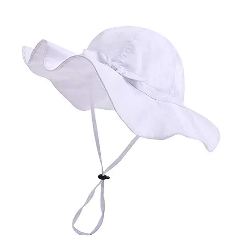 Baby girl white sun hat with wide brim and decorative bow