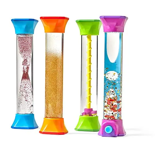 hand2mind set of 4 clear sensory fidget tubes with glitter, beads, and spinners