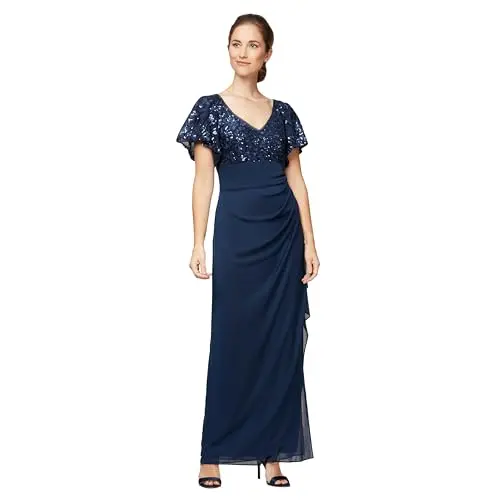 Alex Evenings long dress with sequin bodice, empire waist, and flutter sleeves in navy