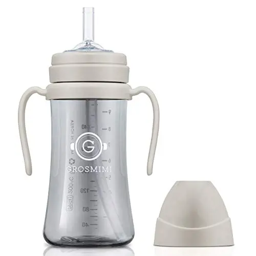 GROSMIMI spill-proof sippy cup with soft silicone straw and rotating handle in beige
