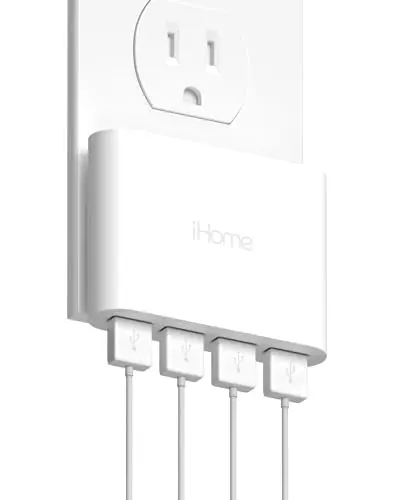 iHome slim white 4-port USB wall charger with a flat plug design