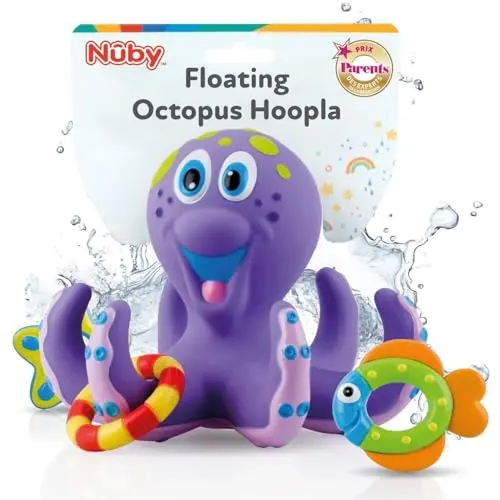 Nuby Floating Octopus bath toy with a purple octopus and three colorful stacking rings.