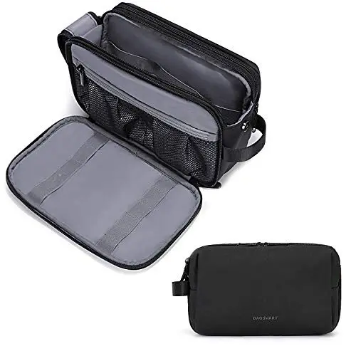 Black water-resistant toiletry organizer with multiple compartments and elastic straps