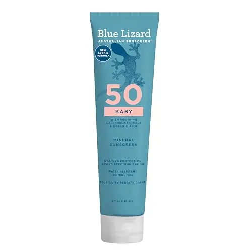 Blue Lizard Baby Mineral Sunscreen tube with blue cap and white bottle