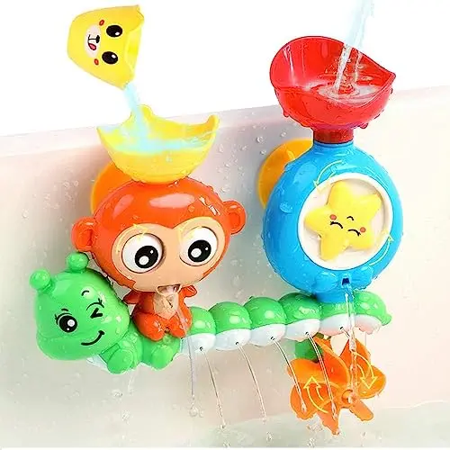 G-WACK interactive bath toy with a monkey and caterpillar design, attached to a tub wall with suction cups.