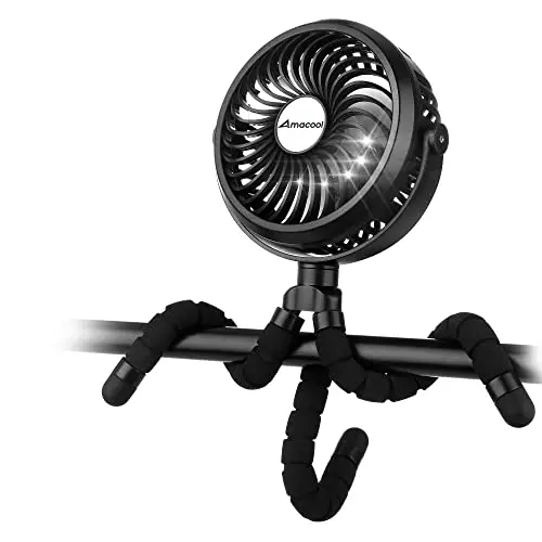 AMACOOL stroller fan with flexible tripod and multicolor LED lights around the fan head.