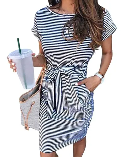 MEROKEETY women's short sleeve striped T-shirt dress with tie waist and side pockets