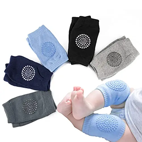 Little World 5-pack baby knee pads showing soft fabric and anti-slip silicone grippers
