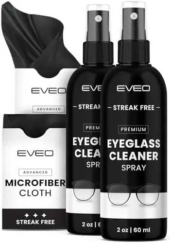 EVEO eyeglass cleaner spray two-pack with microfiber cloths