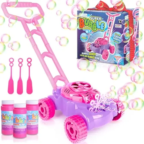 Pink and purple bubble lawn mower toy for toddlers