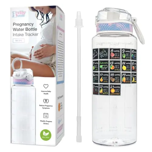 Clear 32oz reusable water bottle with colorful weekly pregnancy milestone stickers