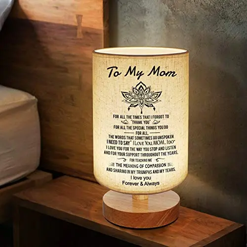 Wooden base table lamp with fabric shade, engraved with 'To My Mom' text