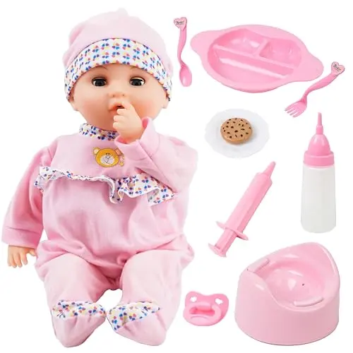 Toy Choi's 16-inch interactive pink baby doll that makes eating, giggling, and talking sounds with accessories