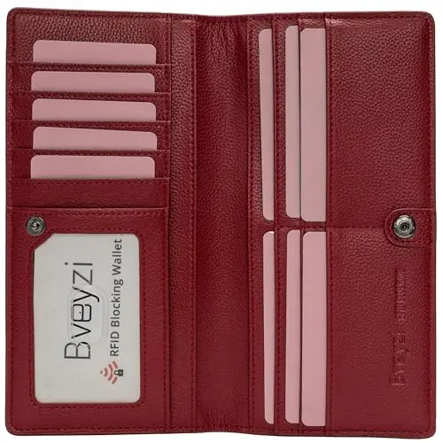 BVEYZI slim leather travel wallet in wine red, showing card slots and bifold design.