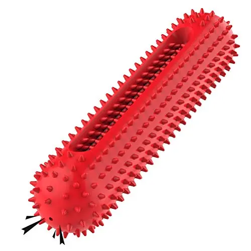 Red petizer dog toy shaped like a toothbrush with bristles