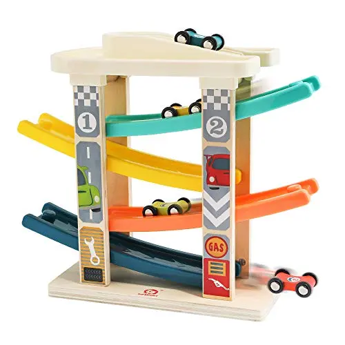 TOP Bright wooden race track with car garage and numbered cars