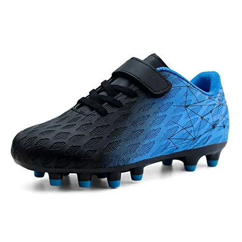 Brooman kids soccer cleats in black and blue with Velcro straps