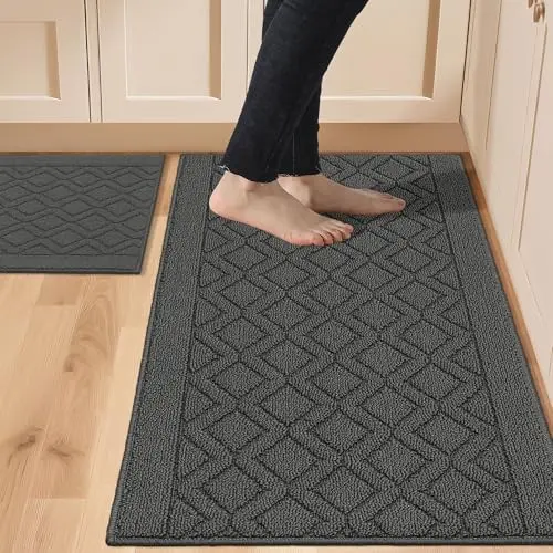 Two-piece solid grey polypropylene kitchen mats