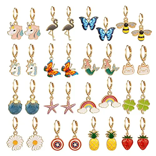 Set of 16 pairs of small gold huggie hoop earrings for girls with various charm pendants
