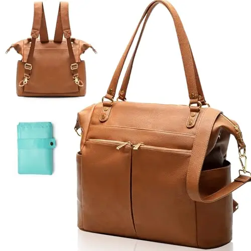 MOMINSIDE brown vegan leather convertible diaper bag tote and backpack