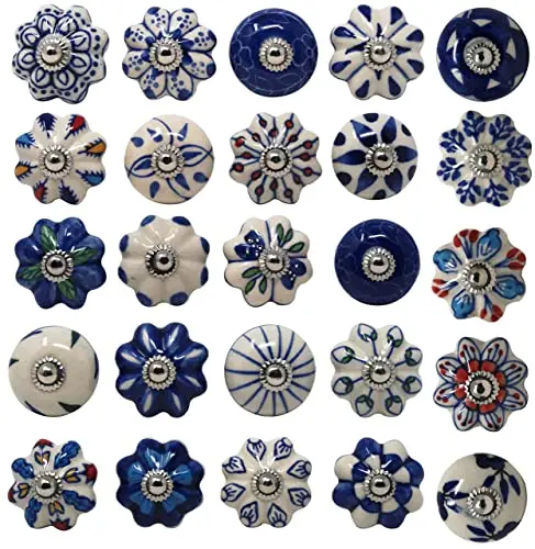 Ajuny Set of 25 blue and white ceramic cabinet knobs with antique patterns
