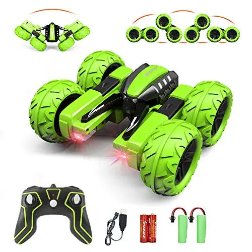 Green Amicool remote control stunt car doing a 360 flip