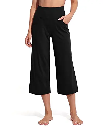 Promover women's black wide leg capri pants with pockets, high-waisted design