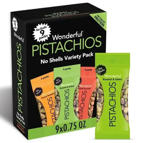 Wonderful Pistachios No Shells variety pack with roasted, chili, and honey flavors