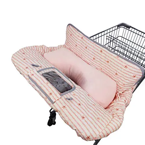 Pink strip star shopping cart cover with see-through phone pocket and toy loops