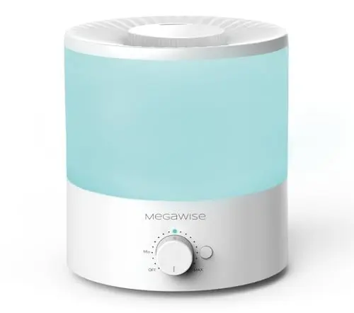 MegaWise small round white humidifier on a bedside table