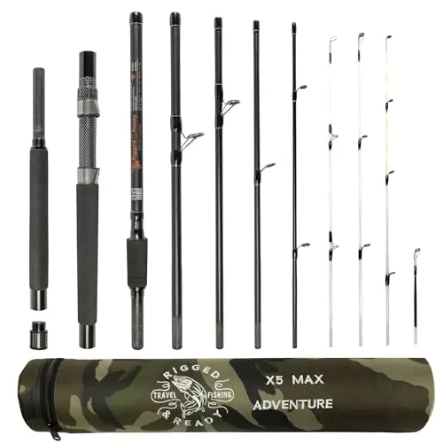 Rigged and Ready X5 MAX travel fishing rod with multiple sections and soft case