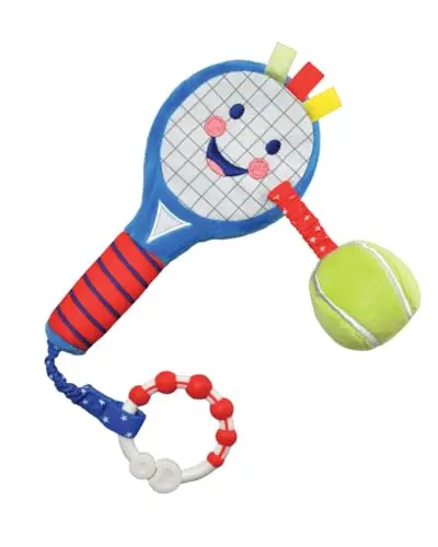 Soft pink plush tennis racket for babies with an attached ball