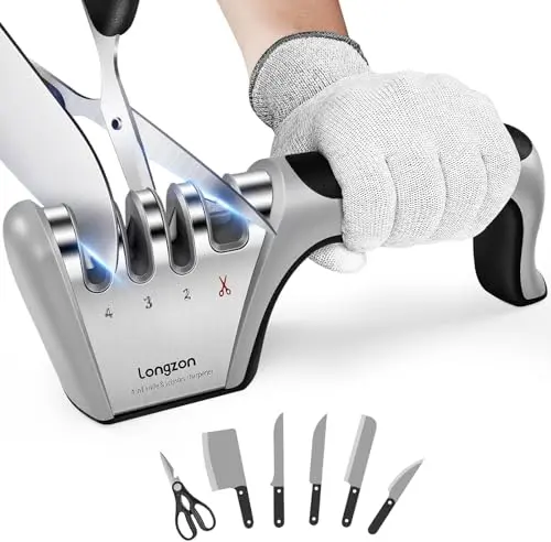 Longzon 4-in-1 manual knife sharpener with four stages and included glove