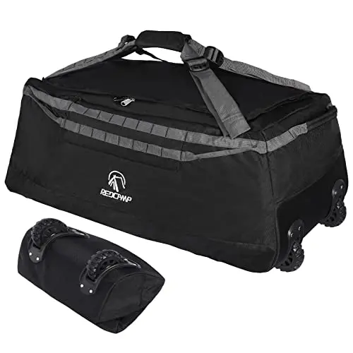 REDCAMP Black Foldable Duffle Bag with wheels rolled up in its pouch