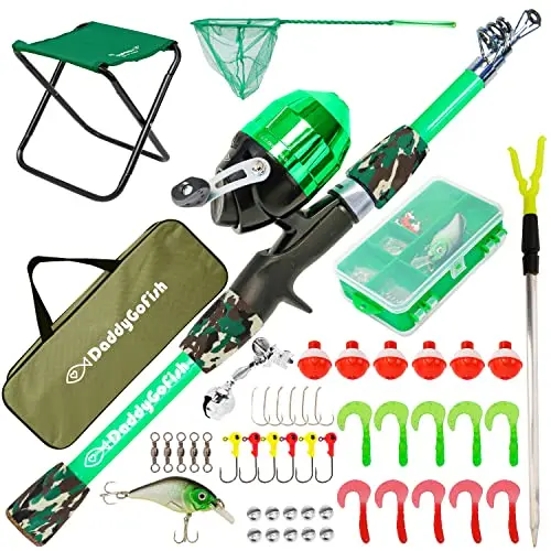 DaddyGoFish kids fishing pole starter kit including collapsible chair and rod holder