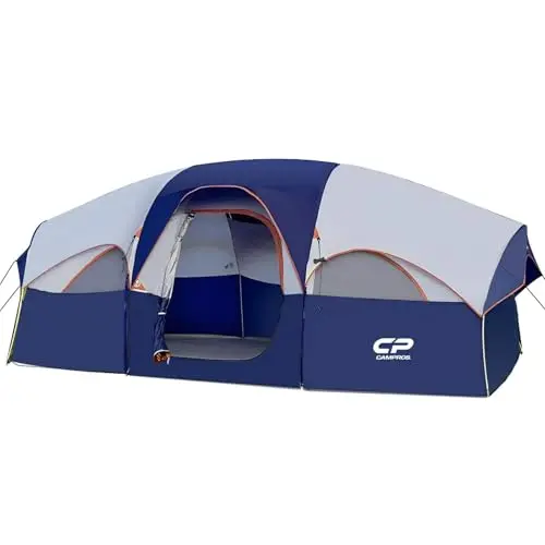 CAMPROS blue 8-person camping tent with straight walls