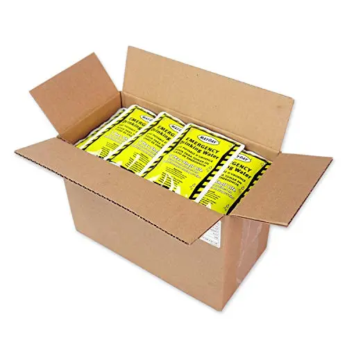 Mayday Industries emergency drinking water pouches in a 50-pack box
