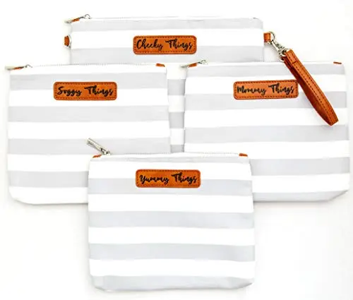 Stylish set of four gray and white striped canvas diaper bag organizing pouches with leather labels