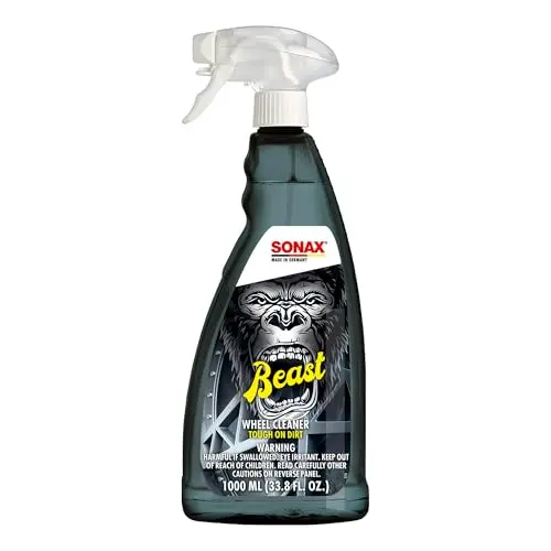 Sonax Beast Wheel Cleaner bottle showing color-changing formula reacting on a wheel