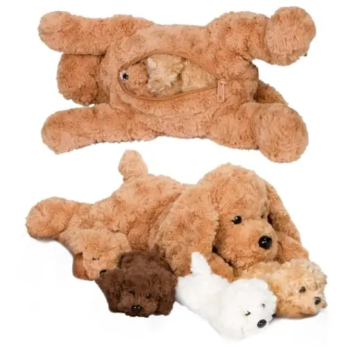 Soft, tan-colored Labradoodle plush dog pillow with a zipper containing four small puppy plush toys