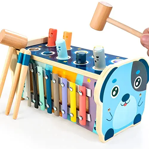 KIDWILL wooden toddler pounding toy with xylophone and bead maze on side
