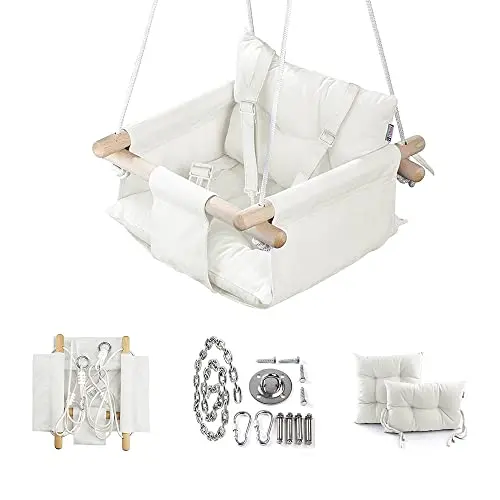 CaTeam ivory-colored canvas baby swing seat with a wooden frame and safety belt.
