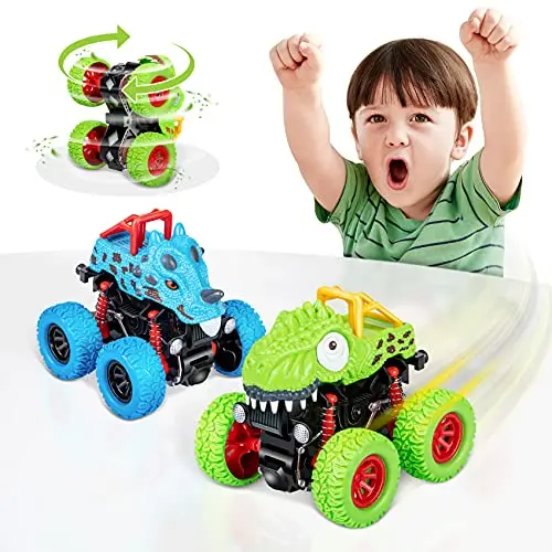 Two colorful dinosaur-themed friction-powered trucks that perform stunts