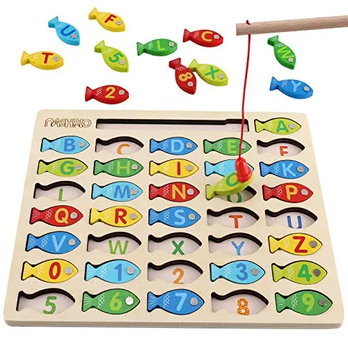 Magnetic wooden fishing game toy with letters and numbers