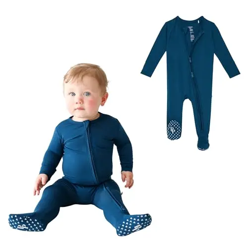 Posh Peanut baby boy footie pajamas in sailor blue with non-slip grips
