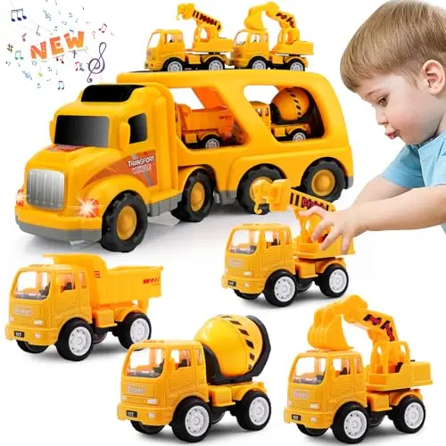 Construction vehicle carrier truck toy set with multiple small vehicles