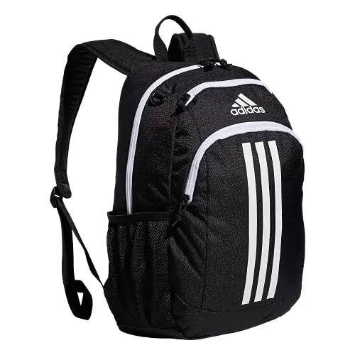 adidas Creator school backpack in black and white, showing sporty design and side water bottle pockets