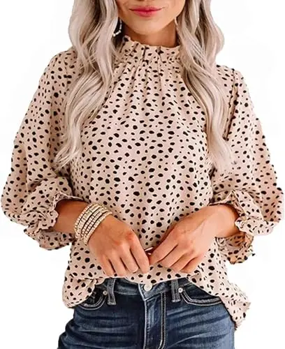 Avanova women's beige leopard print 3/4 sleeve mock neck blouse